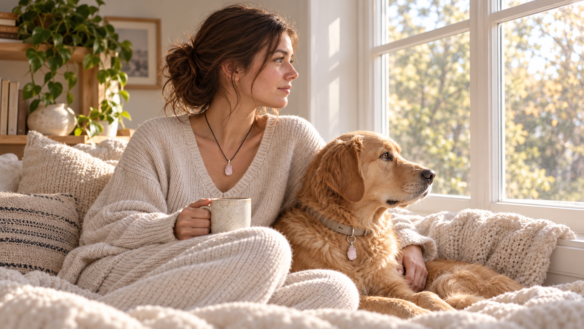 Woman and golden retriever wearing matching VeilBond rose quartz necklace and collar charm by a sunlit window