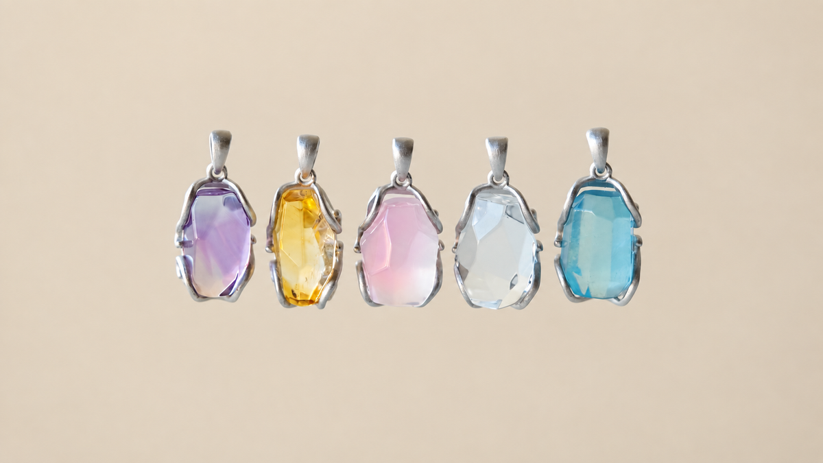 Five natural crystals representing different VeilBond bond meanings