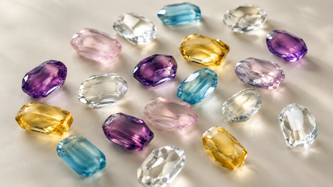 Natural freeform crystals in rose quartz, amethyst, citrine, clear quartz, and aquamarine on a soft beige background