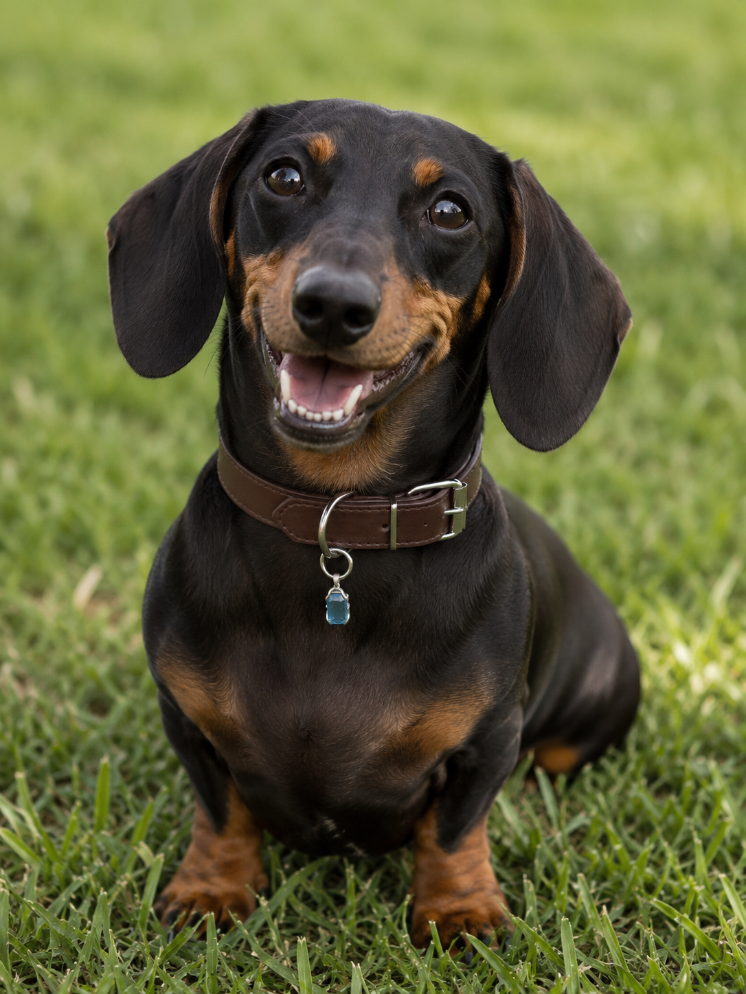 Dog wearing the VeilBond Through the Tide aquamarine collar charm