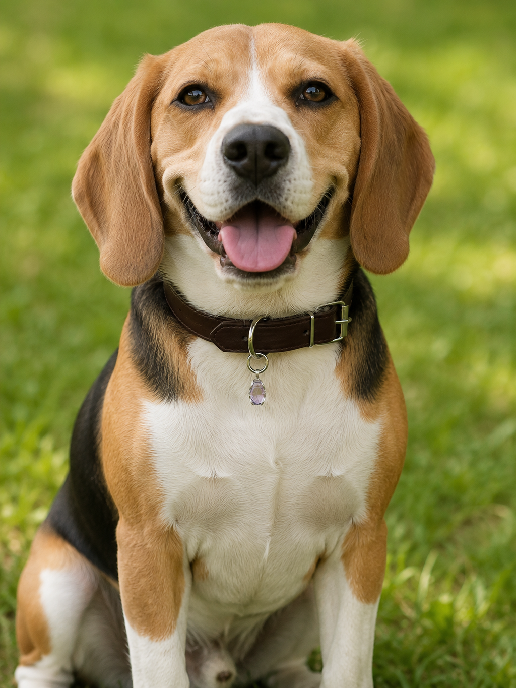 Dog wearing the VeilBond Quiet Harbor amethyst collar charm