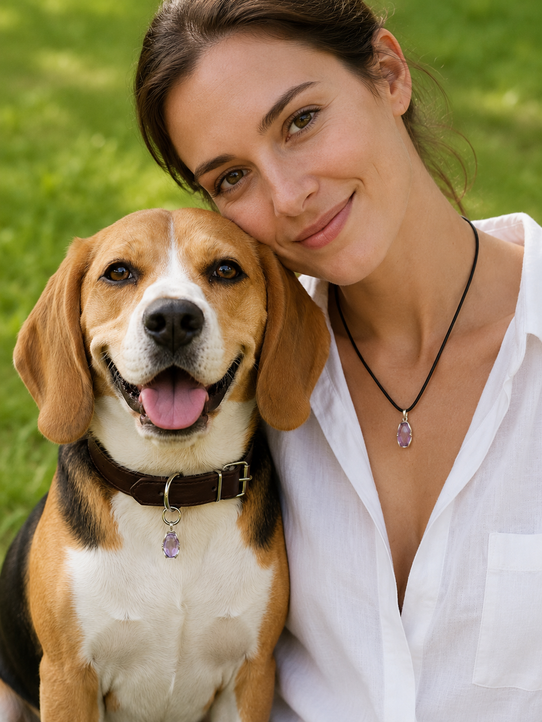 Woman and dog wearing matching VeilBond amethyst pieces outdoors