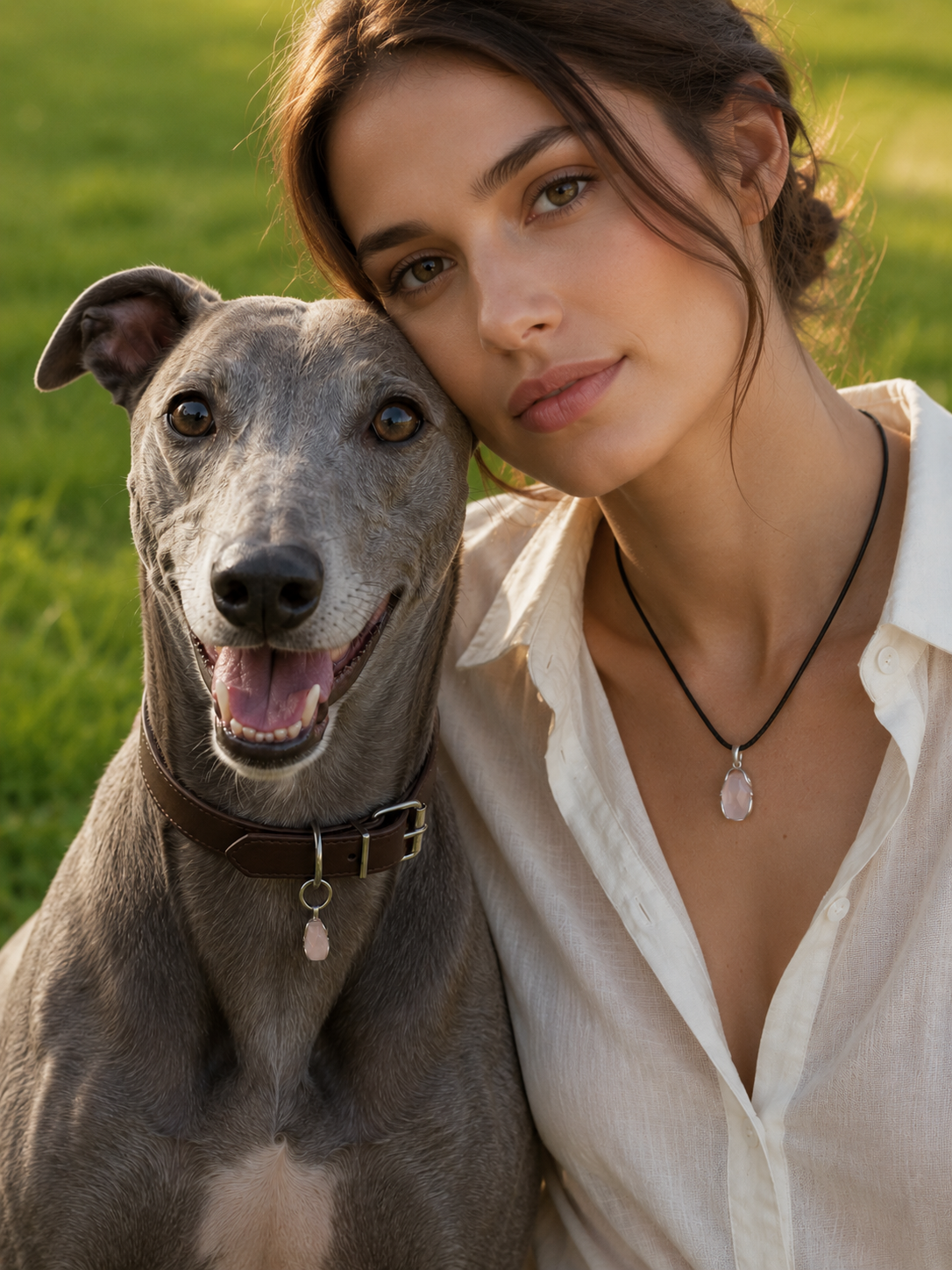 Woman and dog wearing matching VeilBond rose quartz pieces outdoors