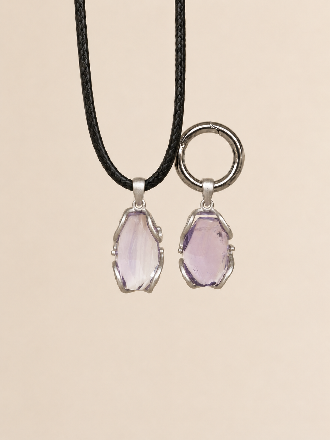 VeilBond Quiet Harbor amethyst matching set with a crystal pendant necklace for you and a pet collar charm in silver-tone settings.