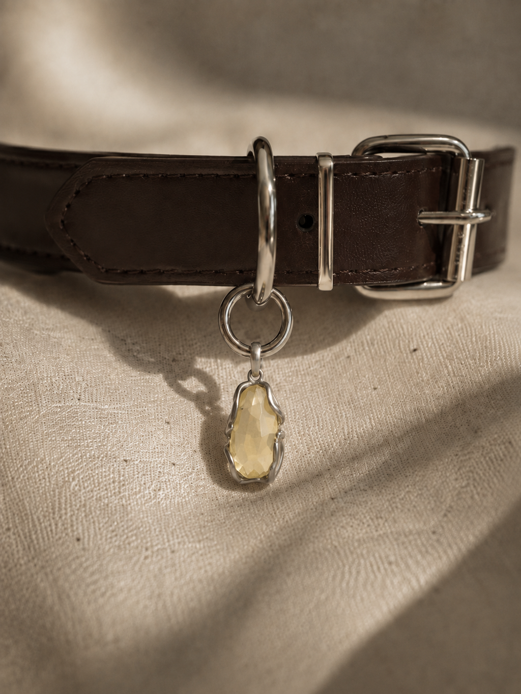 VeilBond Sunlit Days citrine pet collar charm in a copper setting, attached to a pet collar and shown in a close-up detail view.