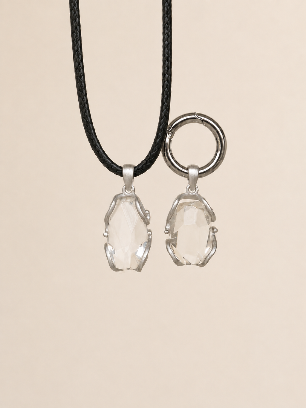VeilBond True Reflection clear quartz matching set with a faceted crystal pendant necklace for you and a pet collar charm in silver-tone settings.